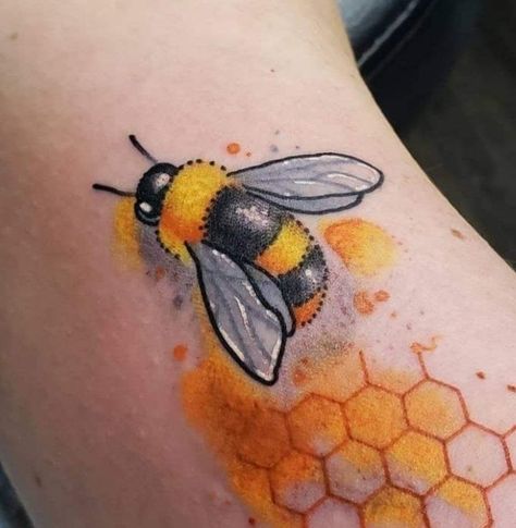 Colorful Bee Tattoo, Bee Tattoo With Honeycomb, Watercolor Bee Tattoo, Empathy Symbol, Honey Bee Tattoo, Honeycomb Tattoo, Chica Chola, Bumble Bee Tattoo, Magic Runes