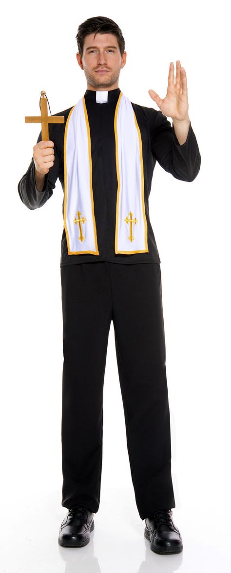 Religious Priest Adult Costume - Mr. Costumes Priest Outfit Design, Romeo And Juliet Costumes, Priest Outfit, Priest Costume, Gender Expression, Men's Costumes, Black Halloween Dress, Costume Fashion, White Scarves