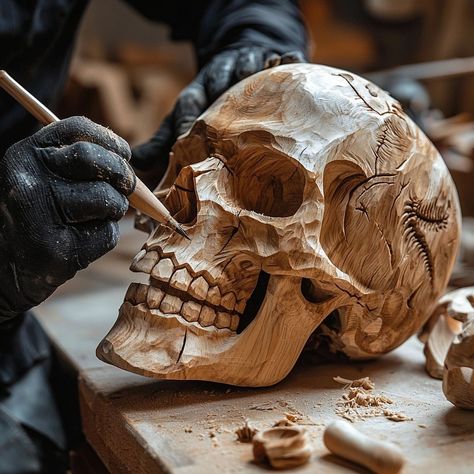 Create Gothic Wood Carving, Wood Carving Projects, Wooden Skull, Carved Skulls, Carving Projects, Homemade Clay, Wood Spirit, Skull Carving, Whittling