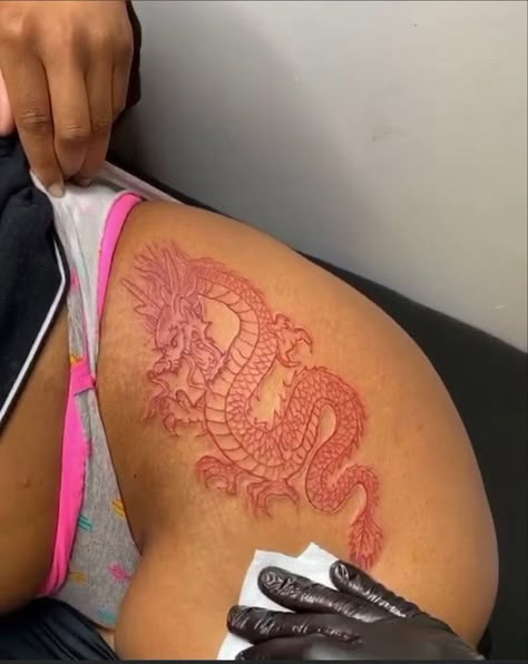 Red Ink Dragon Tattoo Thigh, Red Dragon Hip Tattoo, Red Dragon Leg Tattoo, Red Ink Hip Tattoo, Red Ink Thigh Tattoo, Red Dragon Tattoo Thigh, Red Dragon Thigh Tattoo, Red Thigh Tattoo, Red Ink Dragon Tattoo