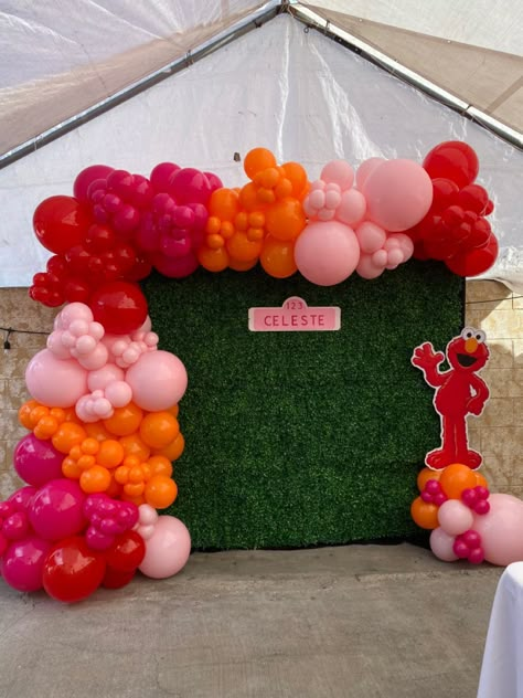 Pink Elmo Birthday Party, Elmo Balloon Garland, Elmo First Birthday Party Girl, Girly Elmo Birthday Party, Elmo Birthday Party Decorations, Seaseme Street Birthday Party, Elmo Party Decorations, Elmo Birthday Cake, Elmo First Birthday