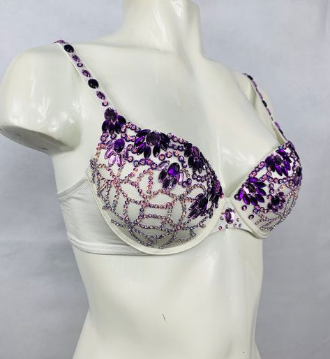 Ivory Push up Bra Top Decorated With Purple Beads & Sequins. - Etsy Israel Decorated Bras, Party Bra, Crystal Bra, Old Bras, Bra Items, Trendy Bikinis, Competition Suits, Purple Decor, Purple Gems