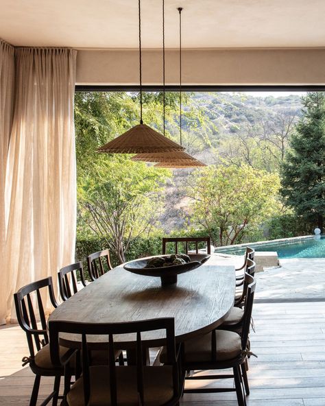 Indoor/outdoor dining room Dining Room Buffet Styling, Jake Arnold, Topanga Canyon, Scandinavian Architecture, Neutral Paint Color, Cottage Renovation, Outdoor Dining Room, Scandinavian Style Interior, Minimalist Interior Design