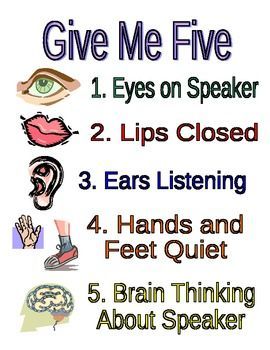 Free! Good Listeners poster...Give Me Five.: Give Me Five Poster, Good Listening Skills, Powers Of 10, Class Rules, Give Me Five, Behaviour Management, Class Management, Classroom Behavior, Classroom Rules