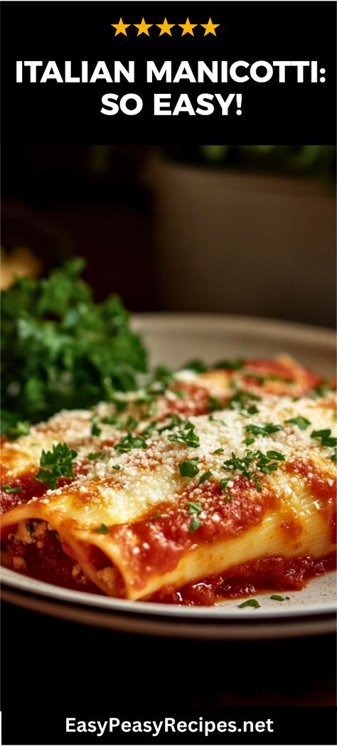 Satisfy your cravings with this easy Italian manicotti recipe! Perfectly stuffed pasta tubes filled with cheese and herbs, smothered in a rich marinara sauce create a truly comforting dish. Ideal for family dinners or special occasions, this dish is simple to make and packed with flavor. You’ll love serving it with a side salad for a complete meal or enjoying it as a hearty lunch. Discover how to bring authentic Italian flavors home in no time with this delicious manicotti that’s both easy and crowd-pleasing! Hot Dish With Franco Recipes, How To Stuff Manicotti Shells, Make Ahead Manicotti Recipe, Chicken Manicotti Recipe Alfredo Sauce, How To Make Manicotti, Easy Italian Food Recipes, String Cheese Manicotti Recipe, Manicotti Recipe Beef, Italian Dishes For A Crowd