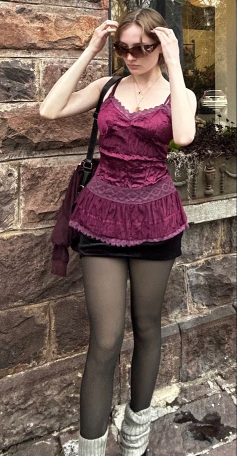 Cami Mini Dress Outfit, Velvet T Shirt Outfit, Red And Purple Outfit Aesthetic, Pink Velvet Shirt Outfit, Purple Velvet Skirt Outfit, Witch Outfit Modern Aesthetic, Cami Shirt Outfits, Dark Pink Outfit Ideas, Witchy 90s Fashion