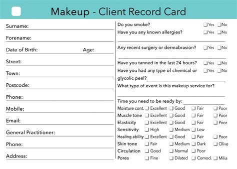 Client Record Card, Client Card, Esthetician Life, Client Consultation, Record Card, Makeup Consultation, College Makeup, Becoming A Makeup Artist, Client Profile