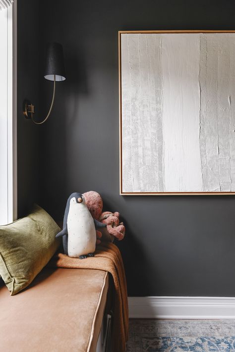 Toffee velvet custom cushion from @patiolane completes our cozy snug! Moody Playroom, Charcoal Grey Paint, Kendall Charcoal, Charcoal Walls, Gray Painted Walls, Grey Accent Wall, Custom Bench Cushion, Yellow Brick Home, Dark Grey Walls