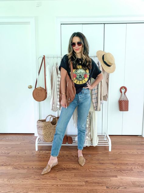 6 Ways to Style a Band Tee - Oh So Glam Styling Concert Tees, Rocker Tee Outfit, 80s Band Tees Outfits, Rock Band Tee Outfits, Vintage Band Tees Outfits, Band T Shirt Outfit, Concert Tee Outfit, Band Tshirt Outfit, Wide Brim Hat Outfit