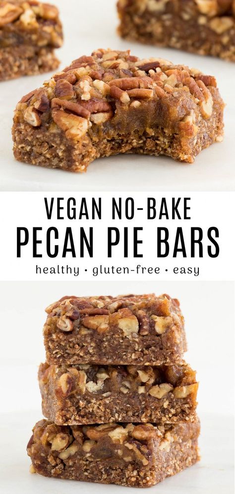 No bake pecan pie bars are a sweet treat that's perfect for the holiday season! Classic pecan pie is magically transformed into these secretly-healthy bars with just 7 ingredients. The soft and chewy, cinnamon-rich crust is made with oats and almond flour, then topped with salted date caramel and crunchy pecans. They're vegan, gluten-free, naturally sweetened, and contain no added sugar! Healthy Pecan Pie Bars, Healthy Vegan Dessert, Vegan Pecan, Gluten Free Bars, Dessert Cookies, Dessert Parfait, Pecan Bars, Pecan Pie Bars, Holiday Dessert Recipes