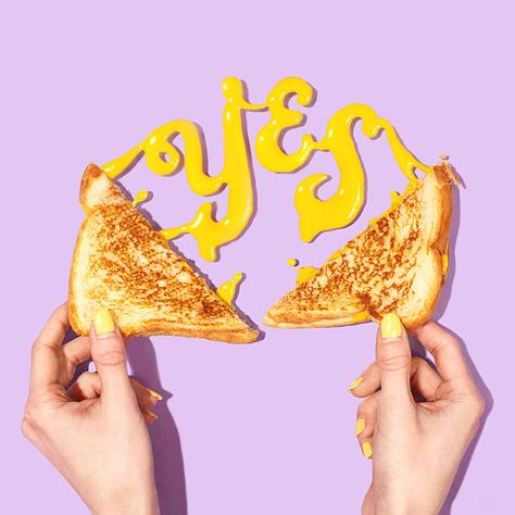 Yes to Cheese | Amy Shamblen, Art Direction, Colorful Content Creation, Photo Styling, Food Photography, Food Typography Design, Food Lettering, Typographic Art, Grilled Cheese Sandwich Grilled Cheese Photography Food Styling, Grilled Cheese Food Photography, Food Photography Illustration, Cheese Art Design, Letters With Food, Food Content Creation Ideas, Food Photography Graphic Design, Graphic Food Photography, Photography Styles Types Of