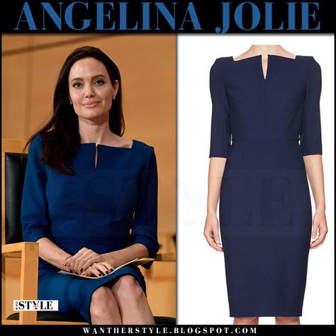 Angelina Jolie in navy blue 3/4 sleeve pencil dress at United Nations Geneva Party Dresses Night, Angelina Jolie Style, Church Clothes, I Want Her, Dress Night Out, Dress Idea, Dressing Style, Dress Tutorials, Dinner Dress