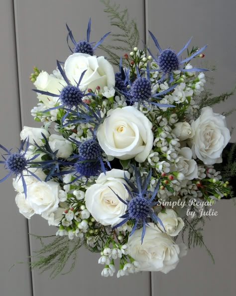 Bouquet with White Roses, Blue Thistle and White Waxflower - Simply Regal by Julie Wedding Bouquets Blue, Thistle Wedding Flowers, Blue Wedding Flowers Bouquet, Thistle Bouquet Wedding, Scottish Wedding Themes, Thistle Bouquet, Thistle Wedding, Small Wedding Bouquets, Simple Wedding Bouquets