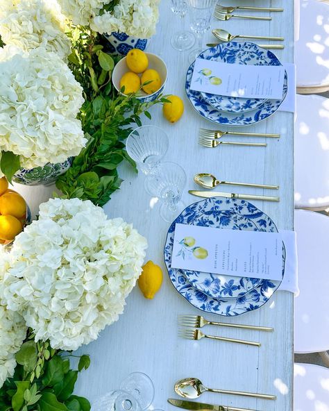 Event Planner | Design is essential for all of our events. So much thought goes into every item placed on the table + everywhere else but for now let’s… | Instagram Amalfi Coast Theme Party Centerpiece, Blue White Yellow Tablescape, White And Gold Bridal Party, Capri Baby Shower Theme, Mediterranean Themed Wedding, Italian Table Scape, Amalfi Tablescape, Lemon Dinner Party, Positano Theme Party