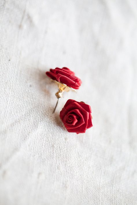 Red Rose Earrings. Red Rose Earrings, Rose Earring, Red Flower Earrings, Romantic Earrings, Red Rose Flower, Textile Jewelry, Earrings Cute, Ear Rings, Floral Jewellery