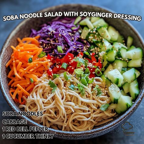 🍜 Elevate your lunch game with this refreshing Soba Noodle Salad with Soy-Ginger Dressing! �🥢 Soba Noodle Salad with Soy-Ginger Dressing Ingredients: - 8 oz soba noodles - 2 cups shredded cabbage - 1 red bell pepper, julienned - 1 cucumber, thinly sliced - 1 carrot, julienned - 3 green onions, chopped - 1/4 cup cilantro, chopped - Sesame seeds for garnish Dressing: - 1/4 cup soy sauce - 2 tbsp rice vinegar - 1 tbsp honey - 1 tbsp sesame oil - 1 tsp grated ginger - 1 clove garlic, minced - 1... Noodle Salads, Awesome Salads, Soy Ginger Dressing, Soy Ginger, Soba Noodle Salad, Cozy Fall Recipes, Soba Noodles Salad, Soba Noodle, Shredded Cabbage