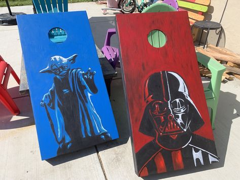 Hand painted Star Wars corn hole game. #maurahouston #starwars #cornhole #cornholeboards #vader #yoda Cornhole Boards Designs, Houston Design, Cornhole Designs, Wooden American Flag, Star Wars Wedding, Corn Hole, Corn Hole Game, Diy Workshop, Star Wars Birthday