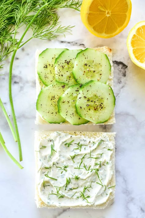 Cucumber Sandwiches are the perfect addition to your next tea party, bridal shower, or Mother's Day brunch. Made with just a handful of ingredients, they're simple, fresh, and so delicious! Cold Cucumber Sandwiches, Fancy Cucumber Sandwiches, Cucumber Tomato Sandwiches, Homemade Cucumber Sandwiches, Cucumber Tomato Tea Sandwiches, Savory Tea Party Food Simple, Southern Tea Sandwiches, Finger Sandwich Recipes Simple, Cucumber Boursin Tea Sandwiches