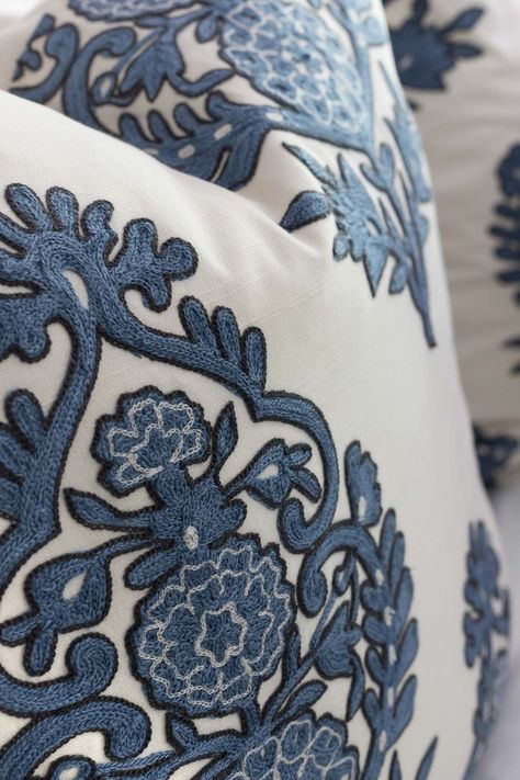 These blue and white embroidered pillow covers are gorgeous!!! White And Blue Throw Pillows, Master Bedrooms Decor Blue And White, Bedding Ideas Blue And White, Blue And White Pillows Bedroom, White And Blue Bedding Ideas, Blue And White Bedrooms Master, Blue And White Bedding Ideas, Blue And White Master Bedrooms Decor, Blue And Cream Bedding