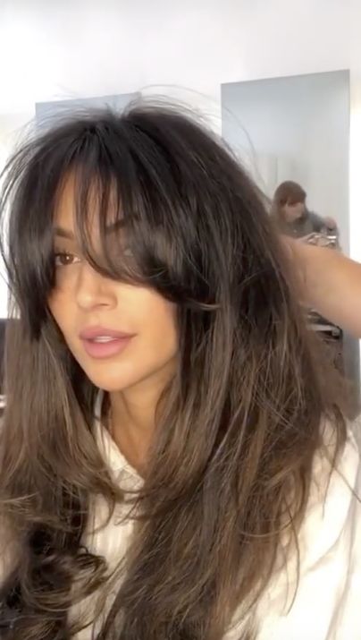 Michelle Keegan's new fringe is *so* gorgeous, now I want one too- CosmopolitanUK Long Fringe Long Hair, Fall Fringe Hair, Long Hair With Long Fringe, Long Fringe Bangs Long Hair, Fringe Bangs With Money Piece, Long Fringe Layers, Michelle Keegan Bangs, Thick Fringe Bangs Long Hair, Fringe For Long Hair