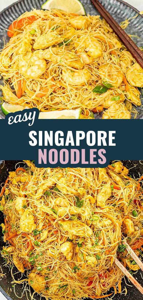 Sizzle up your weeknight dinners with these vibrant Singapore Noodles! 🍜 Packed with chicken, shrimp, and fresh veggies, this easy recipe brings the flavors of Southeast Asia right to your table. #SingaporeNoodles #EasyRecipes #StirFry #WeeknightDinner Easy Singapore Noodles Recipe, Asian Cookbook, Singapore Noodles Recipe, Indulgent Recipes, Recipe With Chicken, Simple Foods, Singapore Noodles, Shrimp Noodles, Entree Dishes