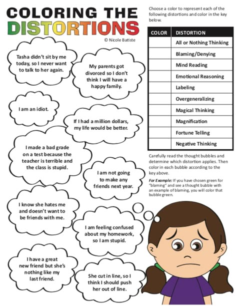 Dbt Coloring Sheets, Cognitive Distortions For Kids, Cognitive Distortions Activities, Telehealth Therapy Activities For Kids, Telehealth Therapy Activities, Cognitive Distortions Worksheet, Play Therapy Activities, Adolescent Therapy, Counseling Kids