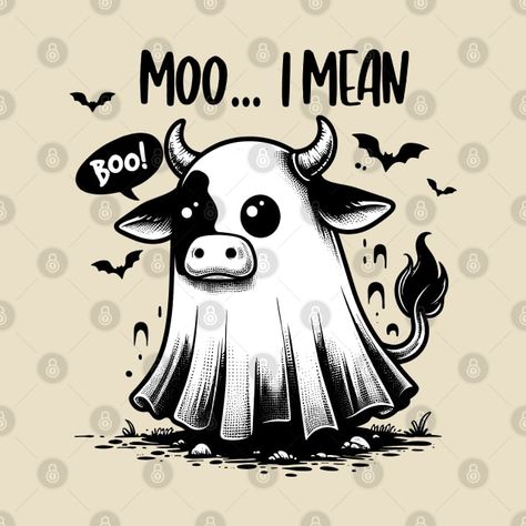 Check out this awesome 'Ghost+Cow+Moo+I+Mean+Boo+Funny+halloween+Cow+Boo' design on @TeePublic! Moo I Mean Boo, Autumn Tattoos, Highland Cow Tattoo, Halloween Draw, Cow Cartoon Images, Cow Ghost, Ghost Cow, Silly Halloween, Maria Tattoo