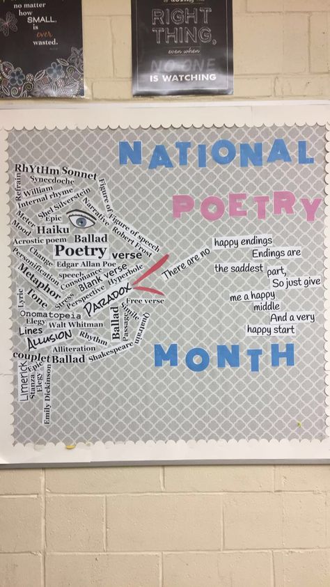 National poetry month bulletin board Poetry Bulletin Board Ideas, National Poetry Month Bulletin Board, Poetry Month Bulletin Board, Bulletin Board Ideas Elementary, Famous Short Poems, Poetry Bulletin Board, Poetry Happy, School Library Decor, Womens History