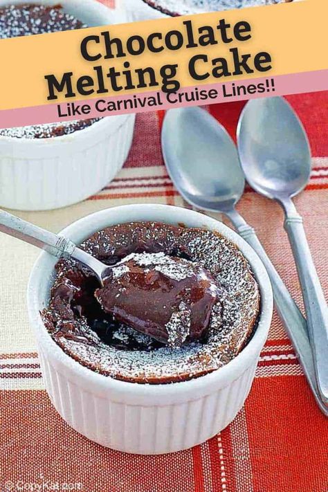 Chocolate Melting Cake is a rich and luxurious dessert with silky warm chocolate inside a moist chocolate cake. Get the easy Carnival copycat recipe with video to enjoy this incredible dessert anytime. Great for Valentines Day. #chocolatecake #chocolatelovers #chocolatelavacake #chocolatemeltingcake #dessertideas #copycat #copycatrecipe #valentinesday Carnival Lava Cake Recipe, Chocolate Molten Cake Recipe, Carnival Melting Chocolate Cake, Melting Cake, Raspberry Molten Chocolate Cake, Best Lava Cake Recipe Molten Chocolate, Chocolate Melting Cake, Ramekin Recipes, Chef Cat