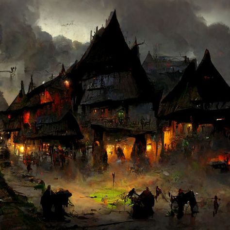 Orc Ravaged Town - Concept Art @dungeongoblin Goblin Village Concept Art, Orc City, Dnd World, Goblin City, Worldbuilding Ideas, Dm Tips, Dnd Orc, City Building Game, Glass Crown