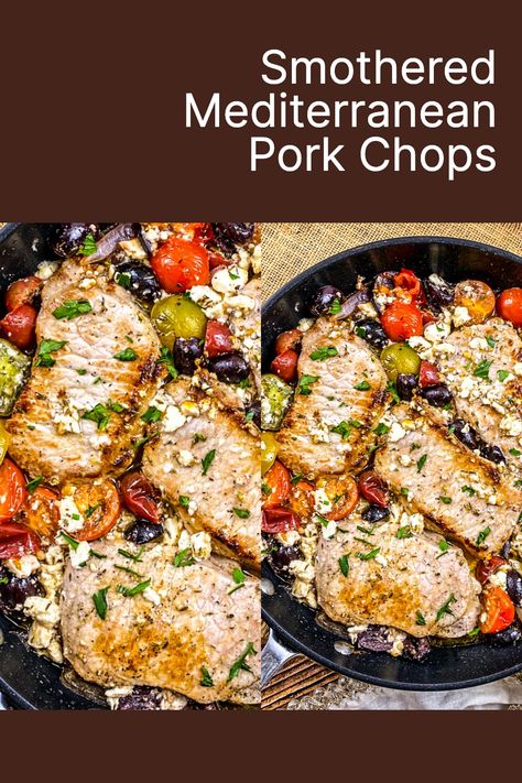 Pork Chops With Pesto, Medditeranean Pork Chops, Mediterranean Pork Chops Recipes, Pork Chops Mediterranean Diet, Pork Chops With Feta Cheese, Mediterranean Recipes With Pork, Pork Chop Recipes Mediterranean, Greek Style Pork Chops, Quinoa And Pork Chops Recipes