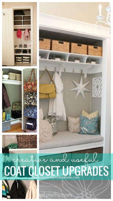 Sick of not getting the most out of your small coat closet? Make the space work for you with these awesome ideas for an upgraded coat closet. Get The Most Out Of A Small Closet With These Awesome Creative Coat Closet Upgrades That Maximize Space Featured On Remodelaholic.com Creative Coat Closet Ideas, Entrance Closet Ideas Modern, Hall Coat Closet Organization, Hall Coat Closet, Mud Room Closet Ideas, Small Entry Closet Ideas, Small Coat Closet Ideas, Coat Closet Design, Small Entry Closet