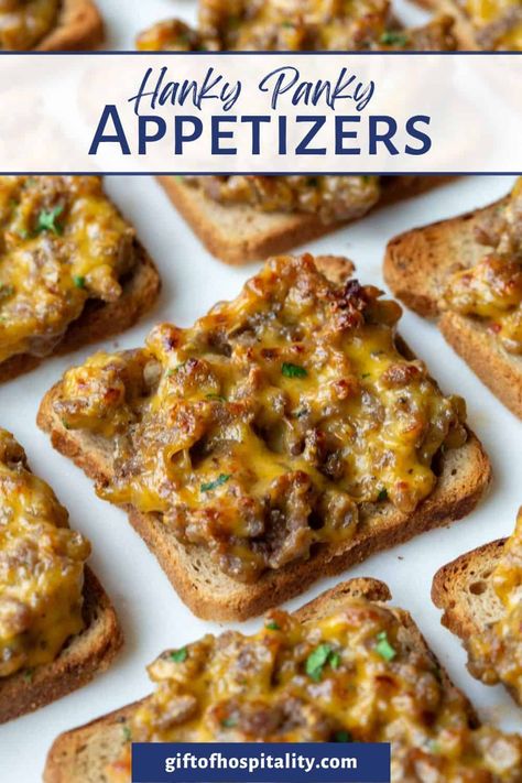 Hanky Panky Appetizers, also known as Polish Mistakes, Sausage Snacks, and SOS, are a creamy, cheesy hot appetizer served on toasted rye. These are always a crowd favorite! Appetizers With Ground Beef, Cocktail Rye Bread, Sausage Snacks, Polish Mistakes, Sausage Appetizers, Hot Appetizers, Classic Appetizers, Hot Sausage, Meat Appetizers