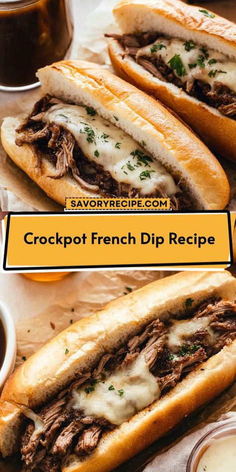 Looking for a hearty meal that practically cooks itself? This Crockpot French Dip Recipe delivers tender, flavorful beef and savory broth perfect for sandwiches. Save this easy-to-follow recipe for quick weeknight dinners or game day gatherings. Your family will love this comforting addition to your collection of Crockpot Recipes! Crockpot French Dip Easy, Crockpot French Dip, French Dip Recipe, French Dip Sandwich Crockpot, French Dip Recipes, Monthly Meals, French Dip Crock Pot, Beef Sandwich Recipes, Dip Sandwiches