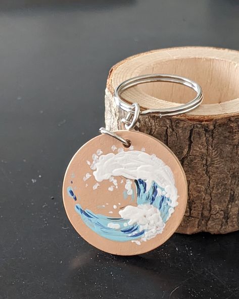 Hand Painted Keychain, Ocean Wave Art, Ocean Waves Art, Camp Crafts, Clay Keychain, Wood Items, Handmade Keychains, Boutique Ideas, Wood Keychain