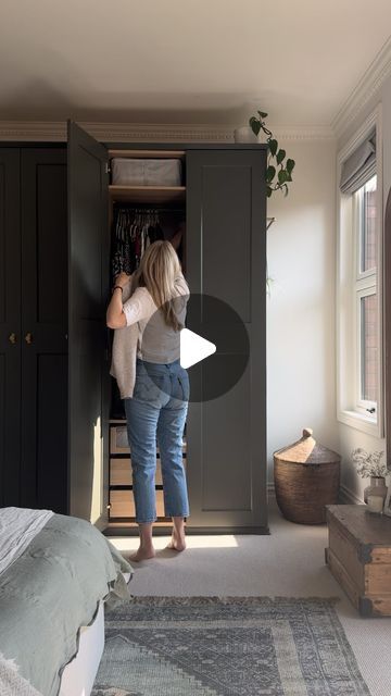 Sophia Hardy on Instagram: "🌟 Customising our IKEA PAX Wardrobe 🌟  This DIY took me weeks. Each door was primed 2x and painted 3/4x & there are 4 doors so that equals 🤔……a lot of painting.   As you can see we built & fitted the wardrobe before we added skirting & carpet. This was so the wardrobe would fit flush to the wall and steady on the floor. We added a simple coving from @wickes and we used a similar trim to our architrave from @skirting4u to give the frame some shape (other than square).  I used @zinsseruk to prime the doors & wardrobe frame. I tried using a foam roller and it left small bubbles so I switched to microfibre and this worked so much better for a smooth finish. I also tried a paint brush and it left strokes which then had to be sanded back.   The paint I used is from Pax Wardrobe Tv Ideas, Ikea Pax Fitted, Ikea Pax Painted Doors, Grey Pax Wardrobe, Ikea Pax Around Window, Wardrobes Around Window, Ikea Pax Grimo Wardrobe, Paint Built In Wardrobe, Bergsbo Ikea Pax Wardrobe