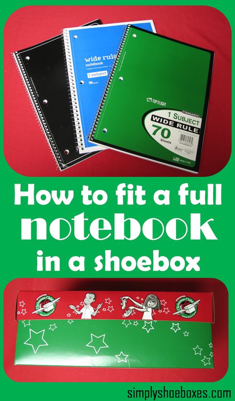 How to fit a full-size spiral notebook in an Operation Christmas Child shoebox. Samaritans Purse Shoebox Ideas Diy, Occ Crafts, Samaritans Purse, Shoe Box Diy, Christmas Child Shoebox Ideas, Operation Shoebox, Christmas Shoebox, Shoe Box Crafts, Operation Christmas Child Boxes