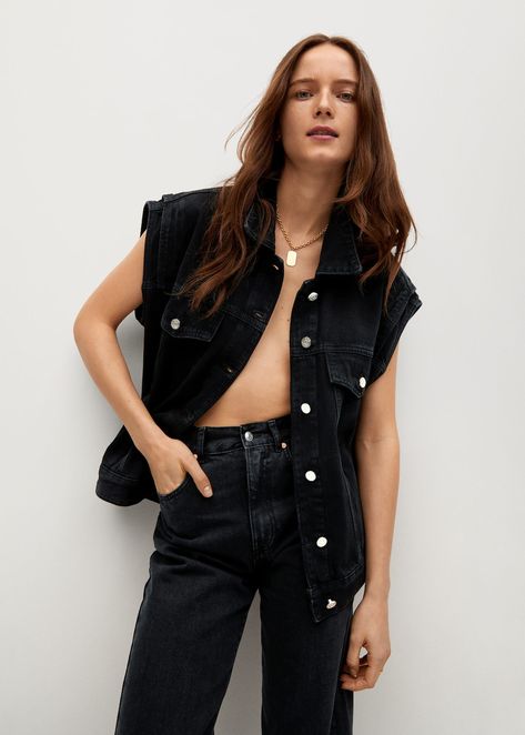 Denim gilet with pockets - Woman | Mango South Africa Denim Gilet, Black Denim Vest, Knit Suits, Studded Jacket, Mode Jeans, Boys Swimwear, Checked Blazer, Cotton Blazer, How To Iron Clothes