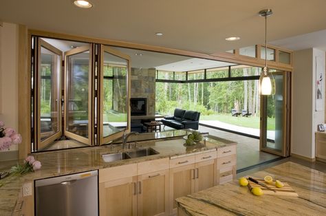 NanaWall Kitchen-Transition love this for defining space between kitchen and screen porch England House, Barn Plan, Indoor Outdoor Kitchen, Serving Bar, Outdoor Kitchen Appliances, Sunroom Ideas, Bunk Bed Designs, Basic Kitchen, Sliding Glass Doors