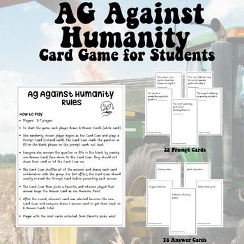 Are you looking for a fun and interactive activity to use in your classroom? Plants Against Humanity is a hilarious and educational twist on the classic party game, now tailored exclusively for students learning about agriculture!This educational game can be used as an introduction or reinforcement activity as well as a team bonding exercise.Included:Teacher NotesAg Against Humanity Directions28 Prompt Cards78 Answer CardsExample Prompts:The worst part about working on a farm is ___________.The Ag Teacher Classroom Ideas, 4h Games, Agriculture Education Activities, Agriculture Lessons, Classroom Plants, Ag Club, Agriculture Education Classroom, Agriculture Classroom, Ffa Week