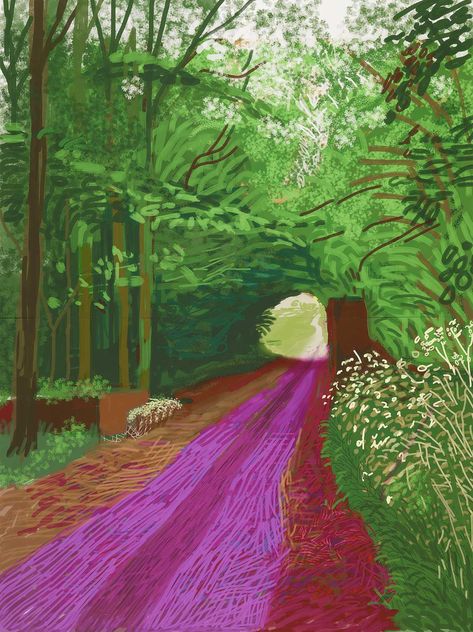 David Hockney interrogates space and time David Hockney Landscapes, David Hockney Ipad, David Hockney Paintings, David Hockney Art, Road Painting, Painting Mural, East Yorkshire, Ipad Drawings, Van Gogh Museum