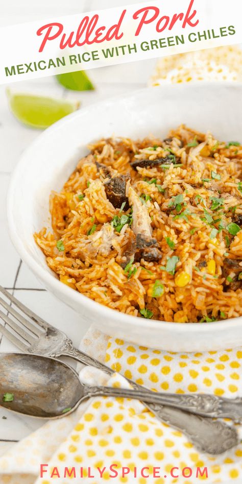 Leftover pulled pork Spanish rice with corn and roasted hatch chilies is the perfect comfort food dish. So easy to whip up, and kids of all ages will devour it every time you make it! -- FamilySpice.com Pork Spanish Rice, Pork And Corn Recipes, Pulled Pork And Rice Recipes, Pork And Rice Casserole, Pulled Pork Dishes, Pork And Rice Recipes, Mexican Pork Recipes, Hatch Chilies, Pork Ideas