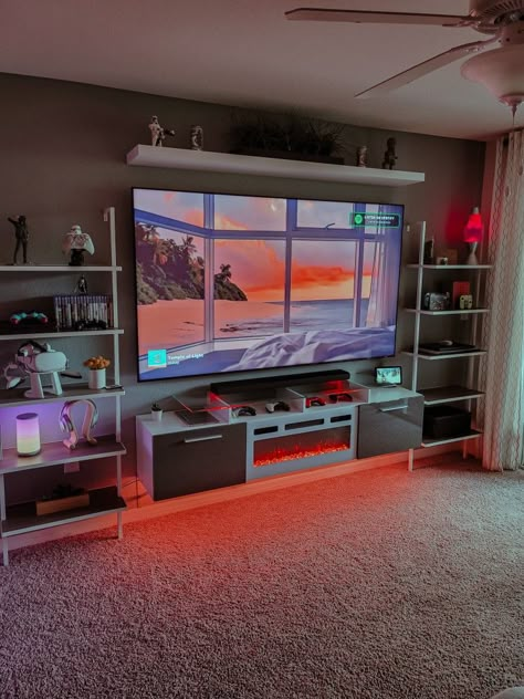 Big Game Room Ideas, Gaming Living Room Ideas Cozy, Tv Setup Aesthetic, Gaming Tv, Cozy Gaming Living Room, Tech Living Room, Game Room Living Room, Room Setup Ideas, Tv Gaming Setup