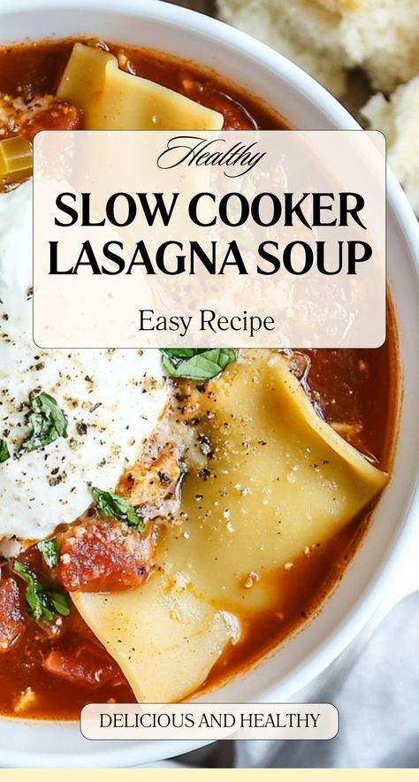 If you love the comforting flavors of lasagna but dread the assembly and baking process, this Slow Cooker Lasagna Soup is the perfect solution. It combines the rich marinara flavor and creamy cheese of a classic lasagna into a hearty, one-pot soup. This easy recipe is ideal for busy weeknights or meal prep. Just let the slow cooker do the hard work while you relax, and enjoy the aroma of Italian goodness wafting through your home! Slow Cook Lasagna Soup, Cozy Crockpot Lasagna Soup, Crock Pot Lasagna Soup, Slow Cooker Lasagne, Lasagne Soup, Slow Cooker Lasagna Soup, Lasagna Soup Crockpot, Beef Lasagna, Slow Cooker Lasagna