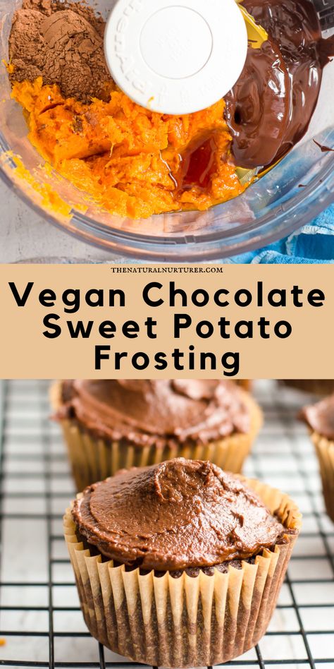 Chocolate Sweet Potato Frosting is smooth, creamy & downright decadent! Made with cooked sweet potato, melted chocolate, cocoa + a little maple syrup. #veggieloaded Sweet Potato Chocolate Frosting, Sweet Potato Frosting, Sweet Potato Dessert Recipes, Sweet Potato Pound Cake, Sweet Potato Dessert, Sweet Potato Chocolate, Vegan Frosting, Sweet Potato Pies Recipes, Sweet Potato Cake