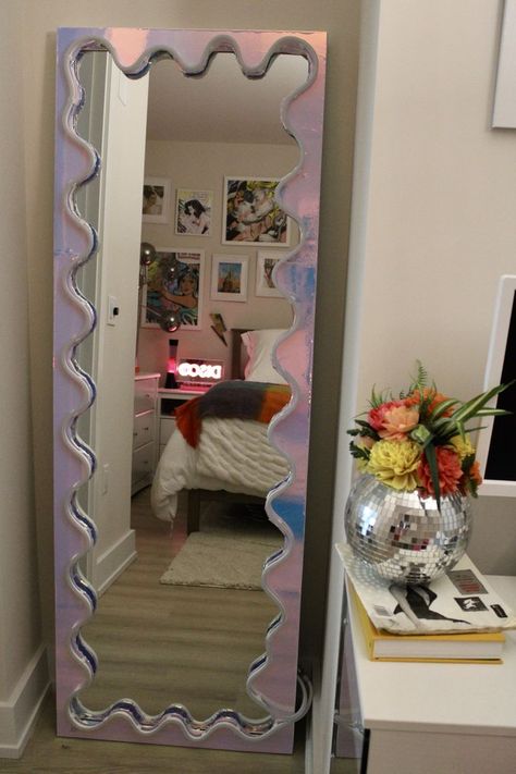 Disco Apartment, Diy Wavy Mirror, Iridescent Mirror, Home Office Guest Bedroom, Squiggle Mirror, Neon Room Decor, Neon Mirror, Office Guest Bedroom, Wavy Mirror