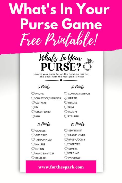 what's in your purse game What's In Your Purse Game Free Printable, Whats In Your Purse Game Printable Free, What’s In Your Purse Game, Bridal Shower Games Free Printables, Sewing Kit Gift, Games For Ladies, Pads Tampons, Purse Game, Book Club Meeting