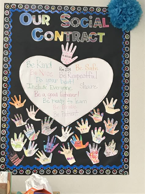 Student Made Classroom Decorations, Heart Classroom Decorations, Norms For Classroom, 1st Day Of School Classroom Ideas, Class Rules Craft Preschool, Classroom Contract Kindergarten, Social Contract Ideas, Class Rules Bulletin Board Ideas, Responsive Classroom Bulletin Board Ideas