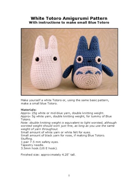 Blue Totoro, Totoro Amigurumi, White Totoro, Totoro Pattern, Crochet Totoro, White Eyes, Crochet Cat, Half Double Crochet, Double Knitting