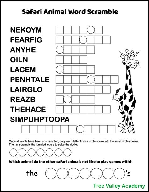 A free printable African safari animals word scramble. The puzzle has 10 jumbled words of common animals found in Africa, such as elephant, giraffe, zebra, etc. After unscrambling the animal words, the answer to a funny kid's riddle will be revealed. The difficulty level is probably best suited for kids 4th grade and older. The pdf is free to download and includes an answer sheet. Word Puzzles For Kids, African Safari Animals, Safari Activities, Jumbled Words, Safari Game, Kindergarten Addition, Jungle Cats, Eyfs Activities, Reading Themes